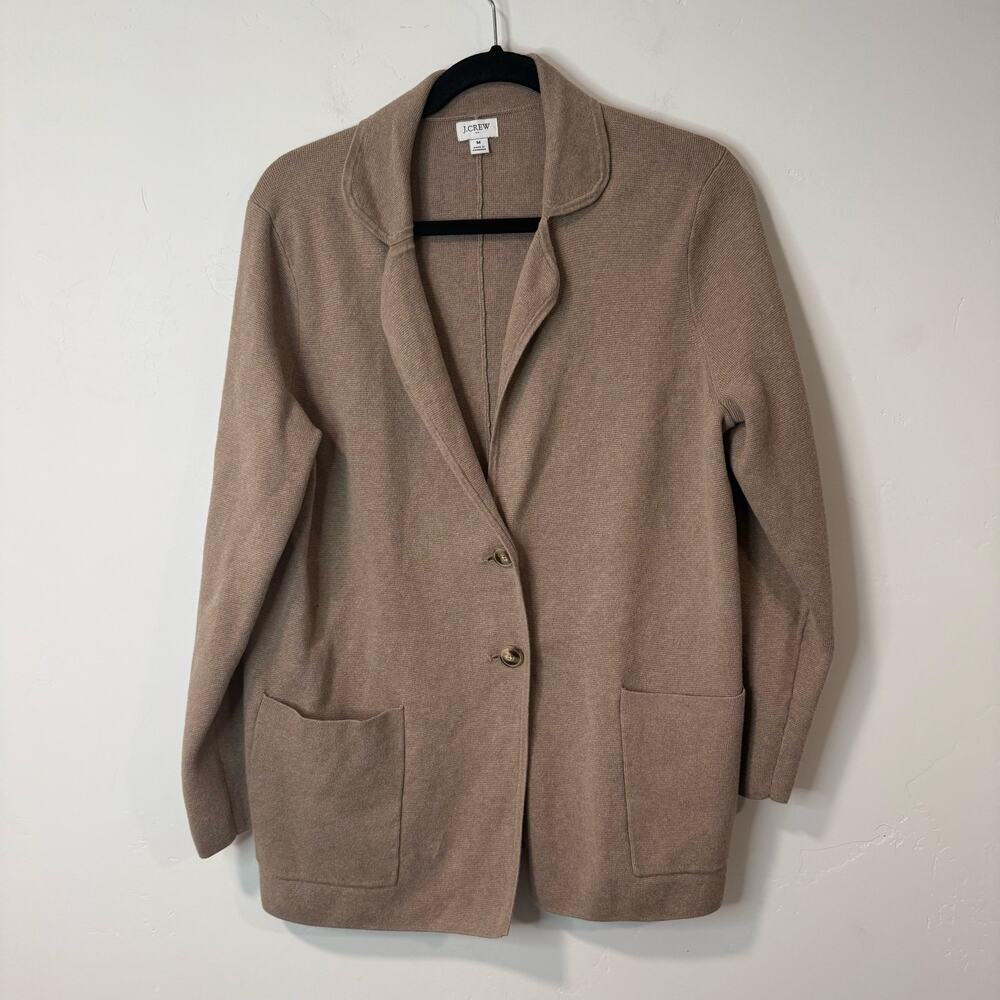 J. Crew Women's Two Button Blazer Sweater Cardigan Tan Medium Knit 100% Cotton